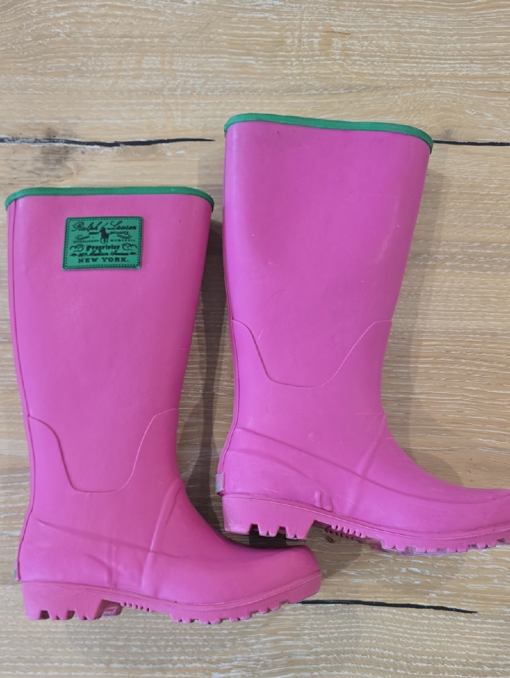 Ralph Lauren Pink Kids Rain Boots with Green Trim